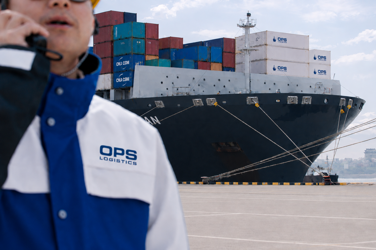 OPS Logistics staff member at a container terminal alongside a berthed vessel