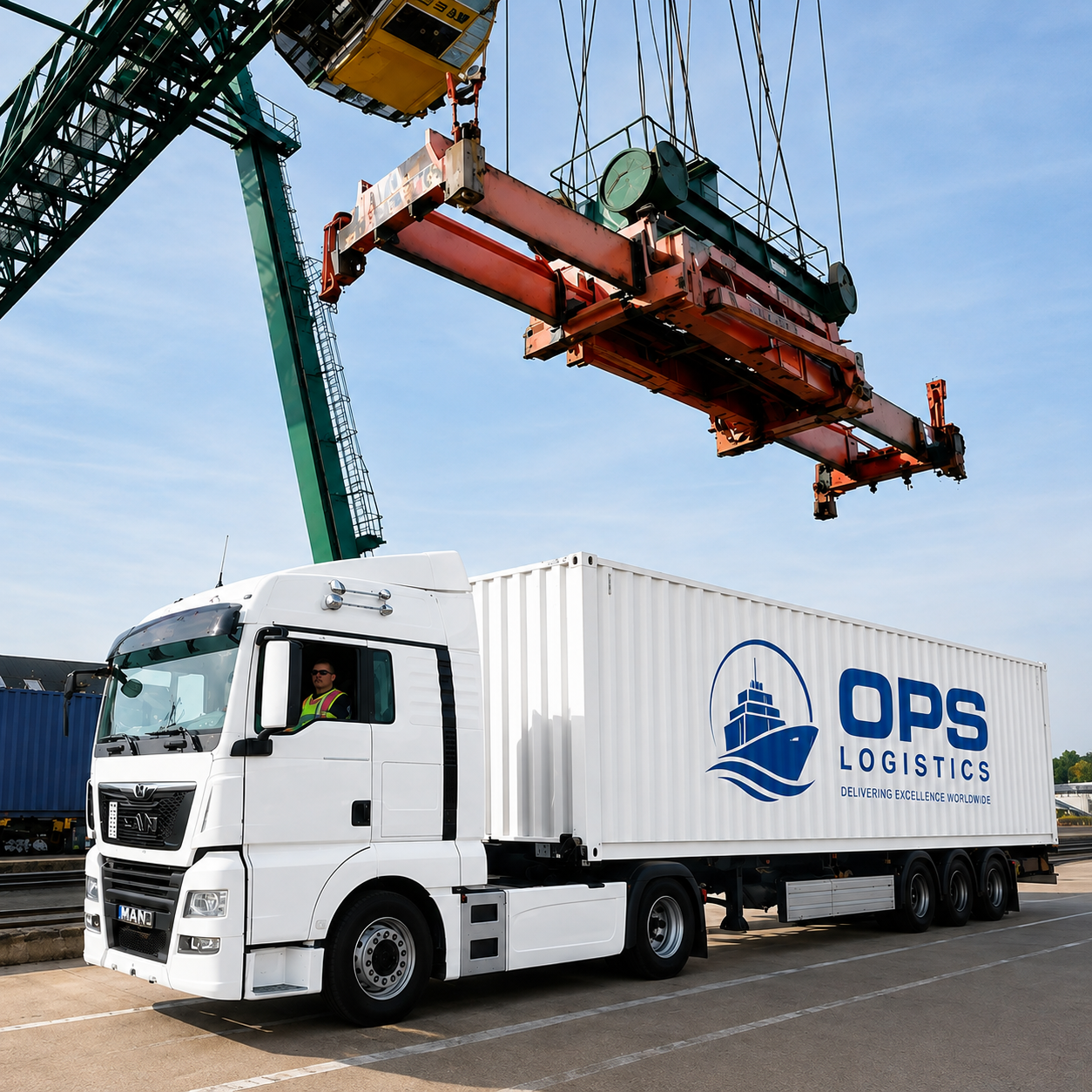 Container being craned onto an OPS Logistics truck at a terminal