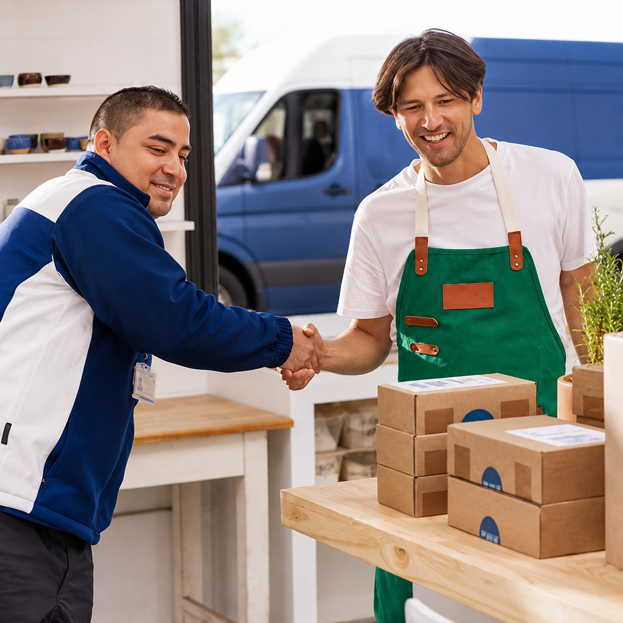 OPS Logistics courier handing a delivery to a business customer