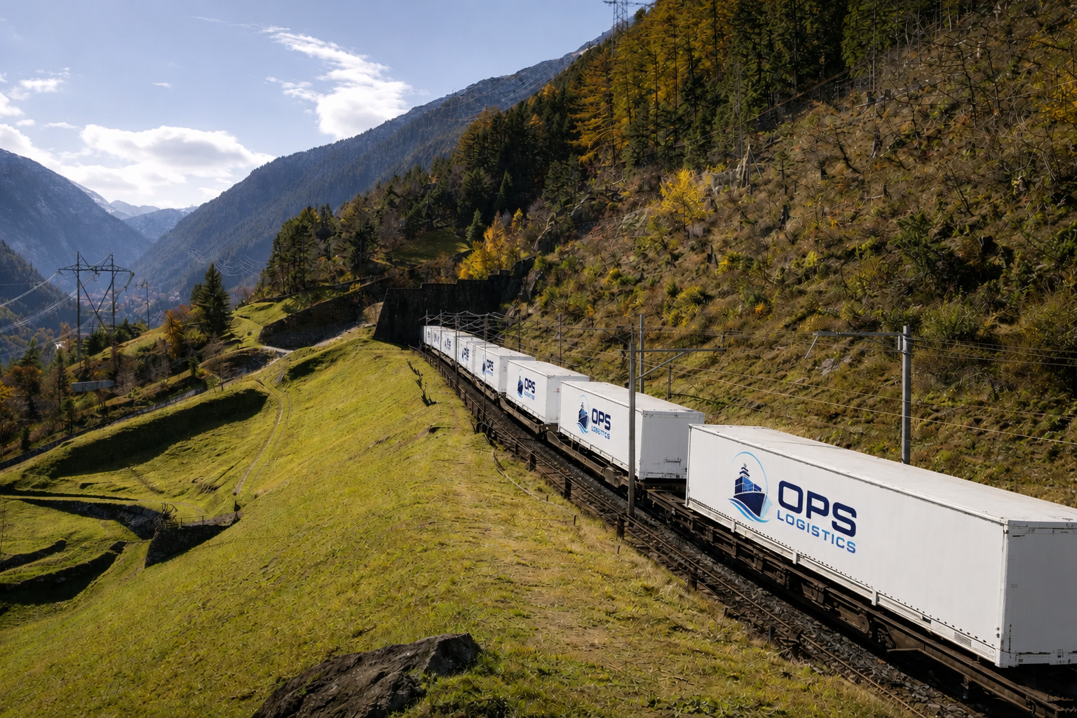 OPS Logistics containers on a freight train crossing open country